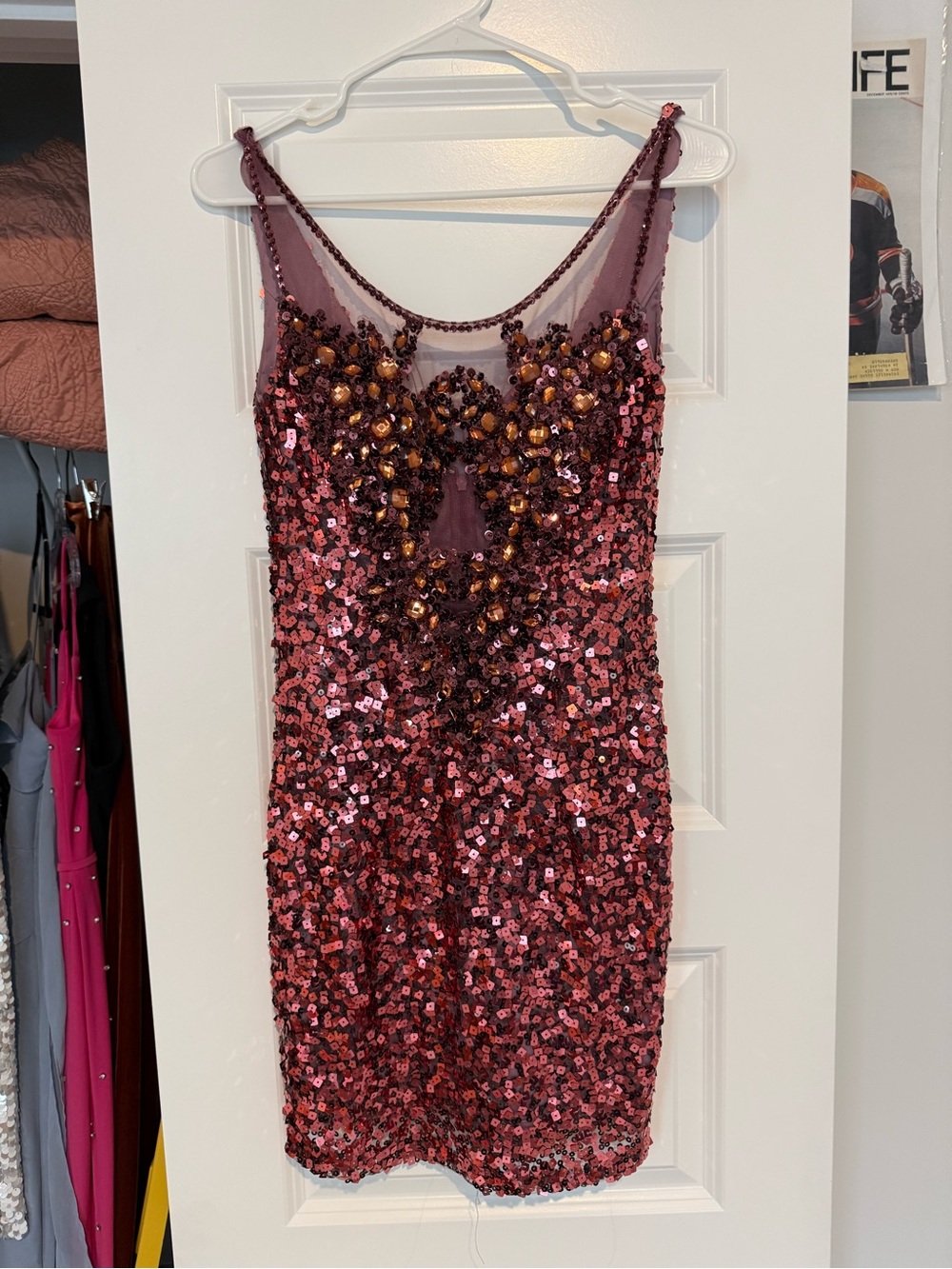 Dave & Johnny Rose-Pink Sequin & Beaded Mini Dress